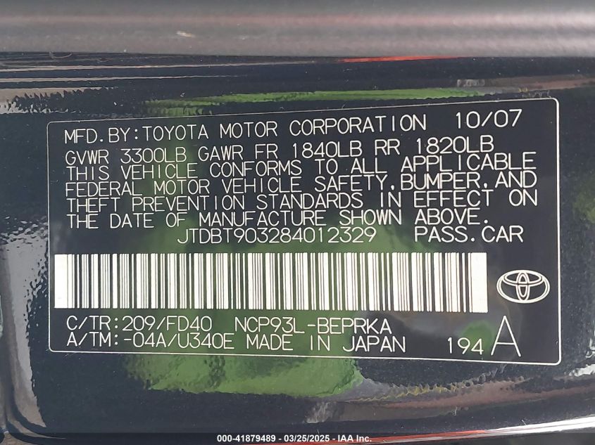 2008 Toyota Yaris VIN: JTDBT903284012329 Lot: 41879489