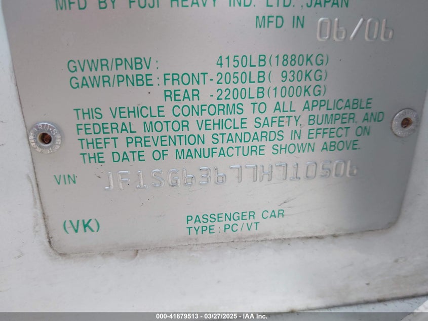 2007 Subaru Forester 2.5X VIN: JF1SG63677H710506 Lot: 41879513