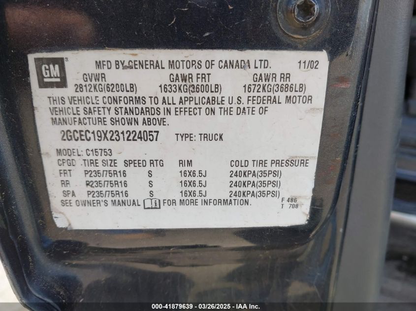 2003 Chevrolet Silverado 1500 Work Truck VIN: 2GCEC19X231224057 Lot: 41879639