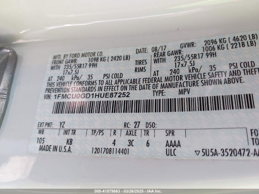 2017 Ford Escape Se VIN: 1FMCU0GD1HUE87252 Lot: 41879663