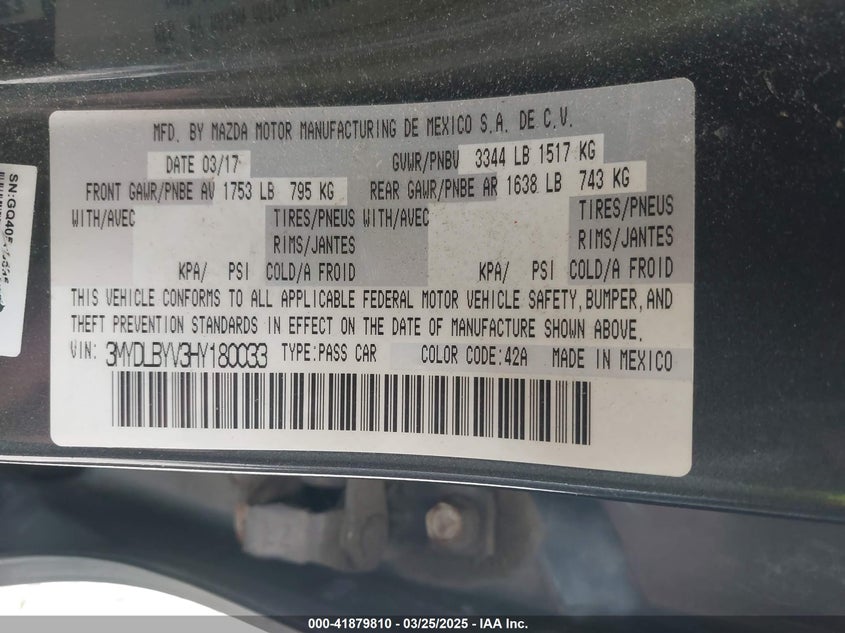2017 TOYOTA YARIS IA VIN: 3MYDLBYV3HY180033