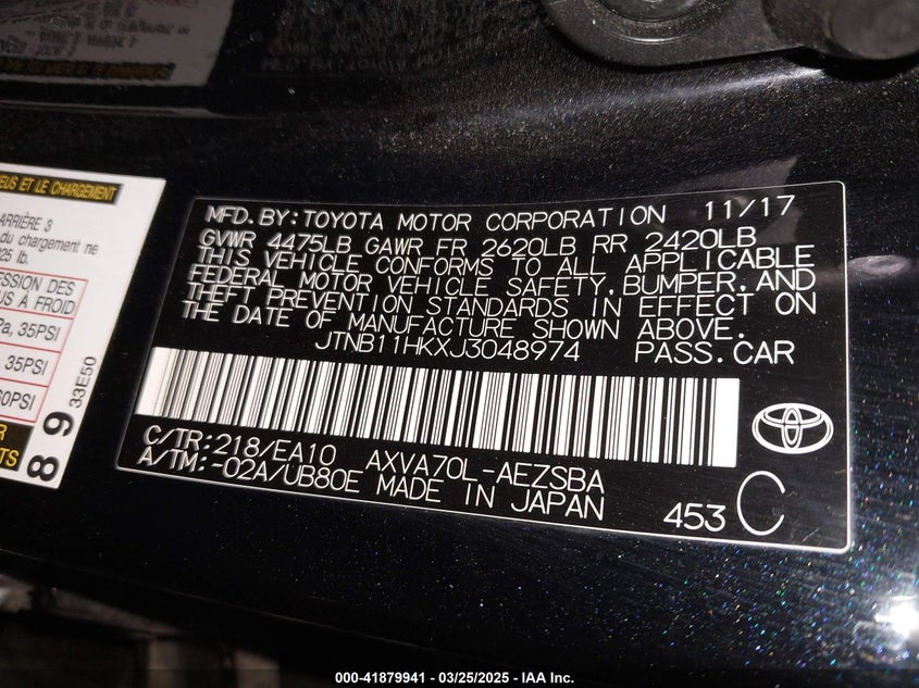 2018 TOYOTA CAMRY VIN: JTNB11HKXJ3048974