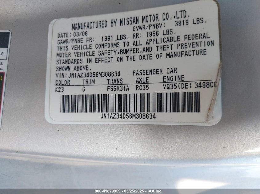 2006 NISSAN 350Z VIN: JN1AZ34D56M308634