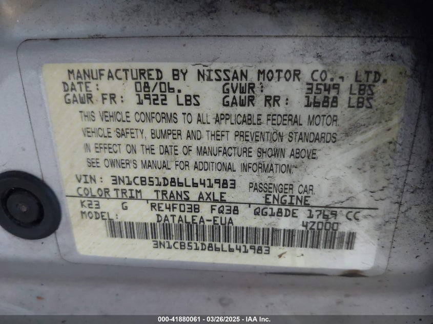 2006 NISSAN SENTRA VIN: 3N1CB51D86L641983
