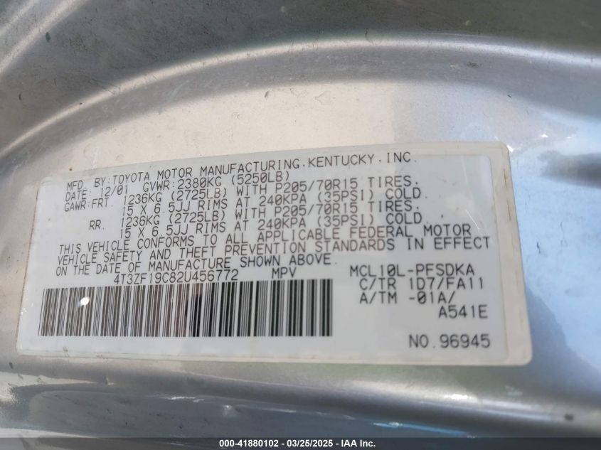 2002 Toyota Sienna Ce VIN: 4T3ZF19C82U456772 Lot: 41880102