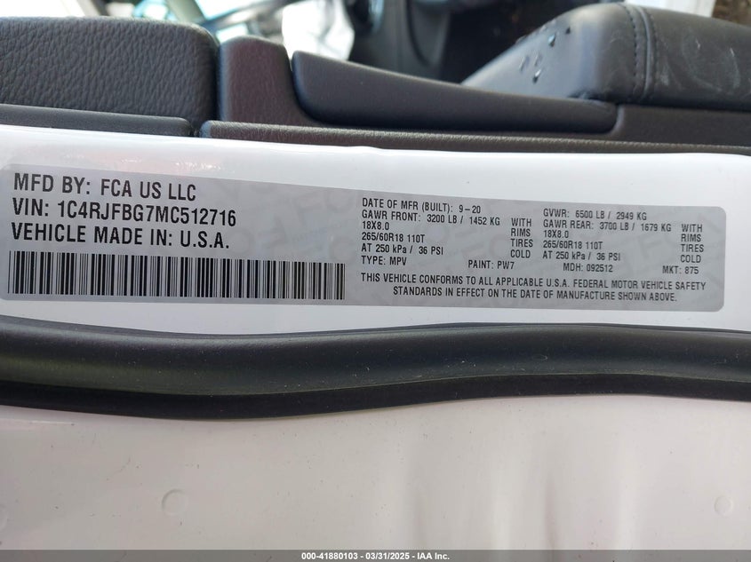 2021 JEEP GRAND CHEROKEE VIN: 1C4RJFBG7MC512716