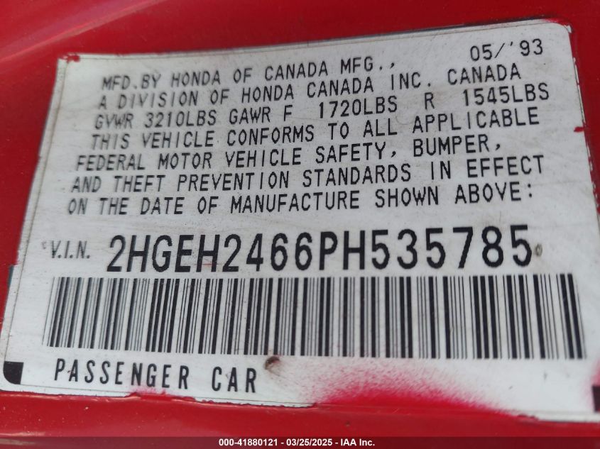 1993 Honda Civic Dx VIN: 2HGEH2466PH535785 Lot: 41880121