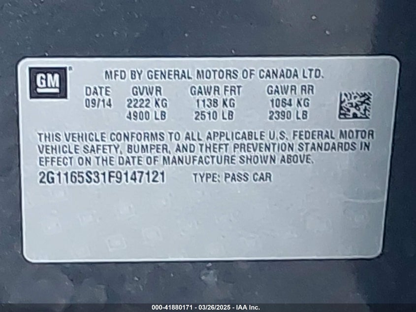 2015 CHEVROLET IMPALA VIN: 2G1165S31F9147121