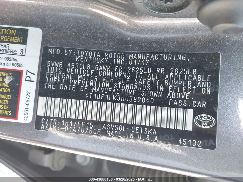 2017 TOYOTA CAMRY VIN: 4T1BF1FK3HU382840