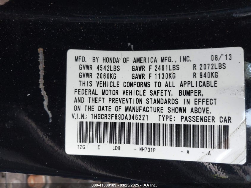 2013 HONDA ACCORD VIN: 1HGCR3F89DA046221