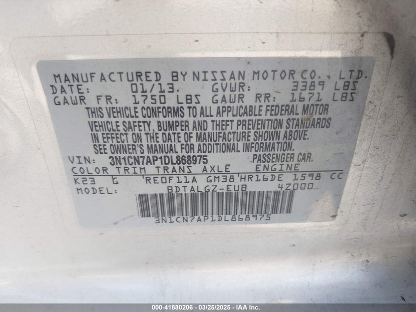 2013 NISSAN VERSA VIN: 3N1CN7AP1DL868975