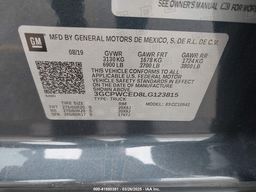 2020 CHEVROLET SILVERADO 1500 VIN: 3GCPWCED8LG123815