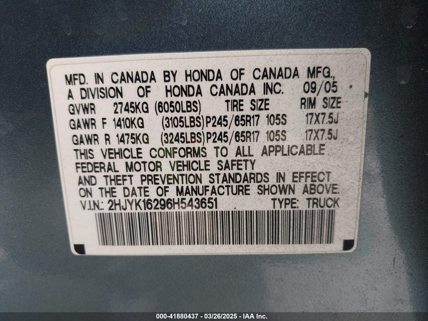 2006 HONDA RIDGELINE VIN: 2HJYK16296H543651