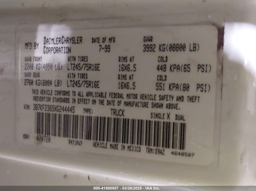 1999 Dodge Ram 2500 St VIN: 3B7KF2365XG244445 Lot: 41880557
