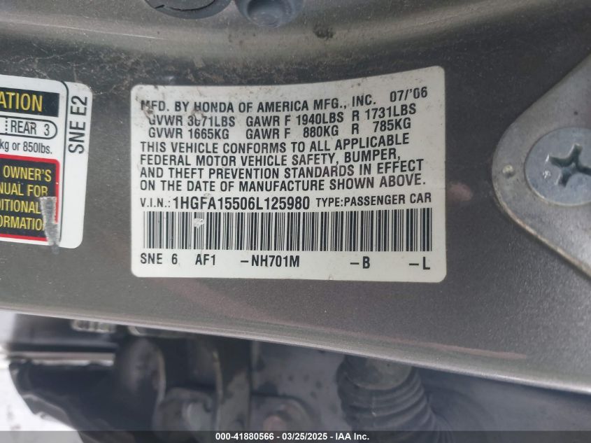 2006 Honda Civic Lx VIN: 1HGFA15506L125980 Lot: 41880566