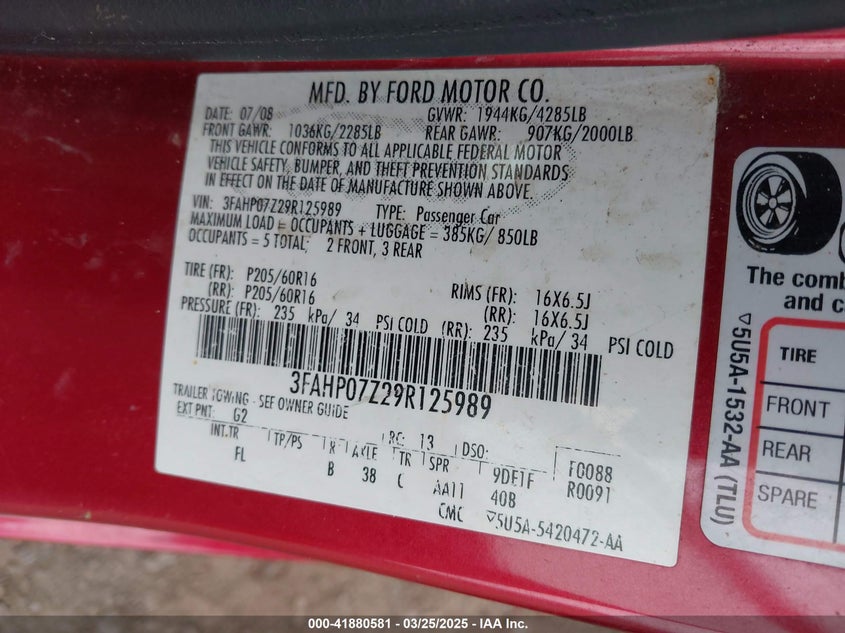 2009 FORD FUSION VIN: 3FAHP07Z29R125989