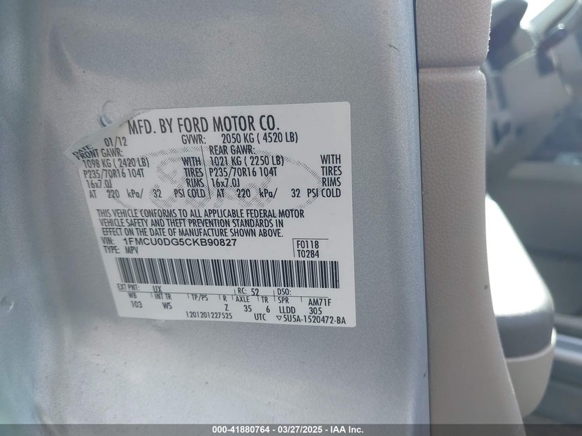 2012 FORD ESCAPE VIN: 1FMCU0DG5CKB90827