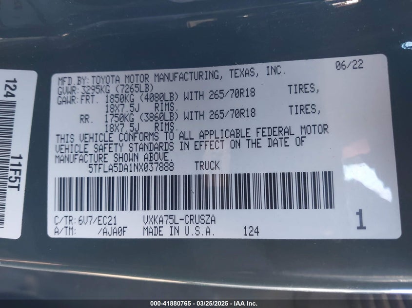 2022 TOYOTA TUNDRA VIN: 5TFLA5DA1NX037888