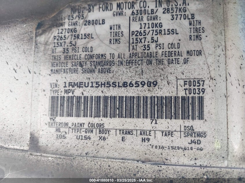 1995 Ford Bronco U100 VIN: 1FMEU15H5SLB65909 Lot: 41880810