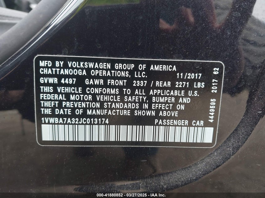 2018 VOLKSWAGEN PASSAT VIN: 1VWBA7A32JC013174