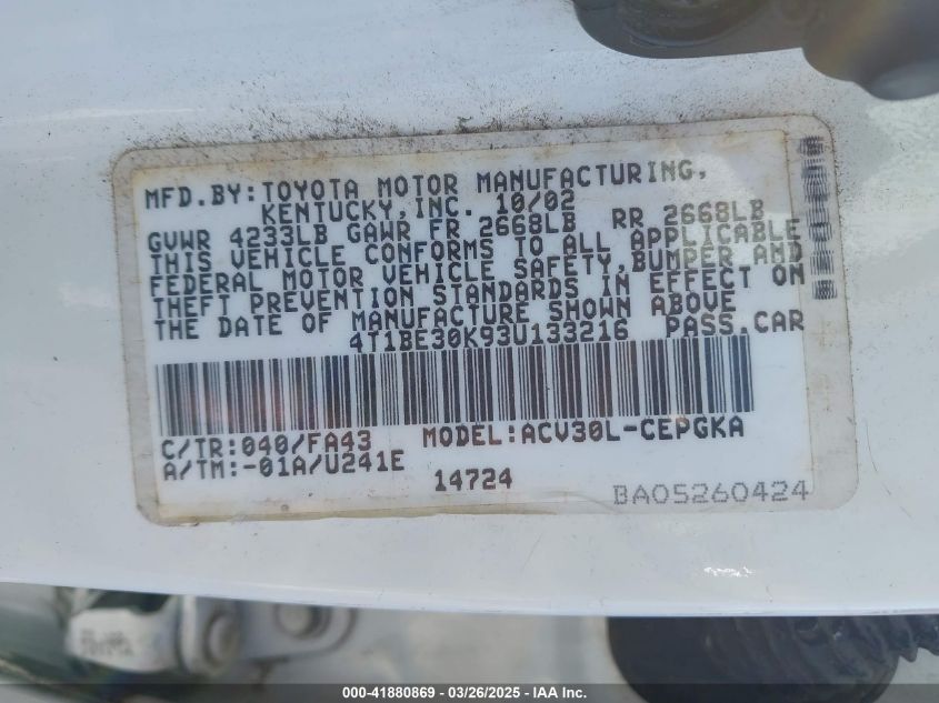 2003 Toyota Camry Xle VIN: 4T1BE30K93U133216 Lot: 41880869