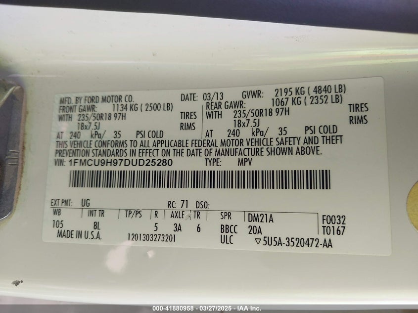 2013 FORD ESCAPE VIN: 1FMCU9H97DUD25280