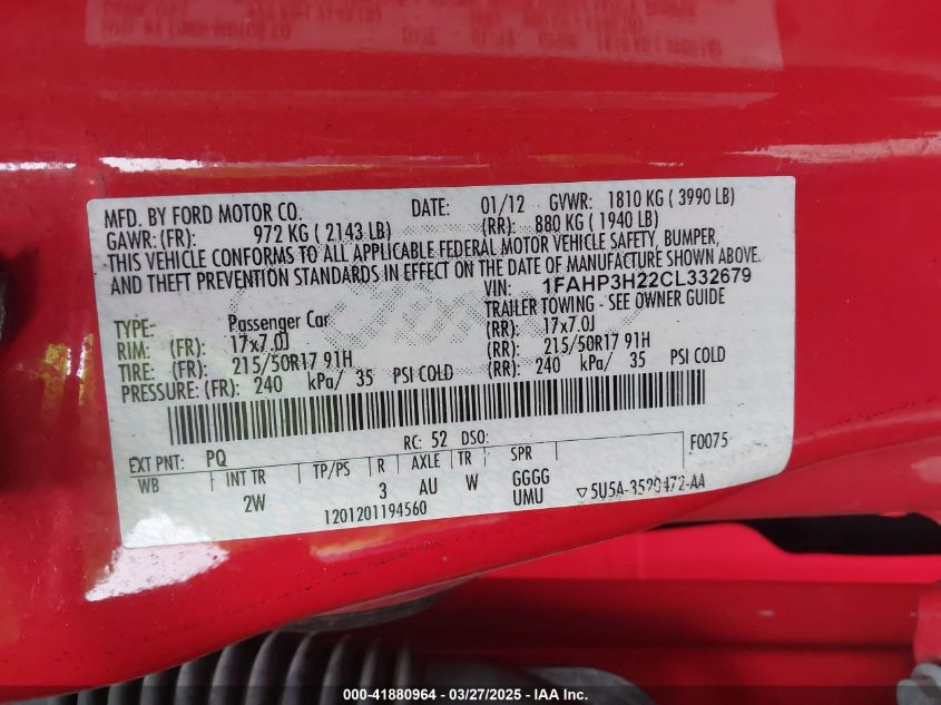 2012 Ford Focus Sel VIN: 1FAHP3H22CL332679 Lot: 41880964