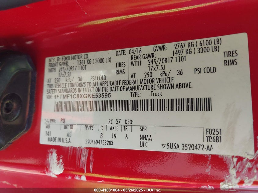 2016 FORD F150 VIN: 1FTMF1C8XGKE53595