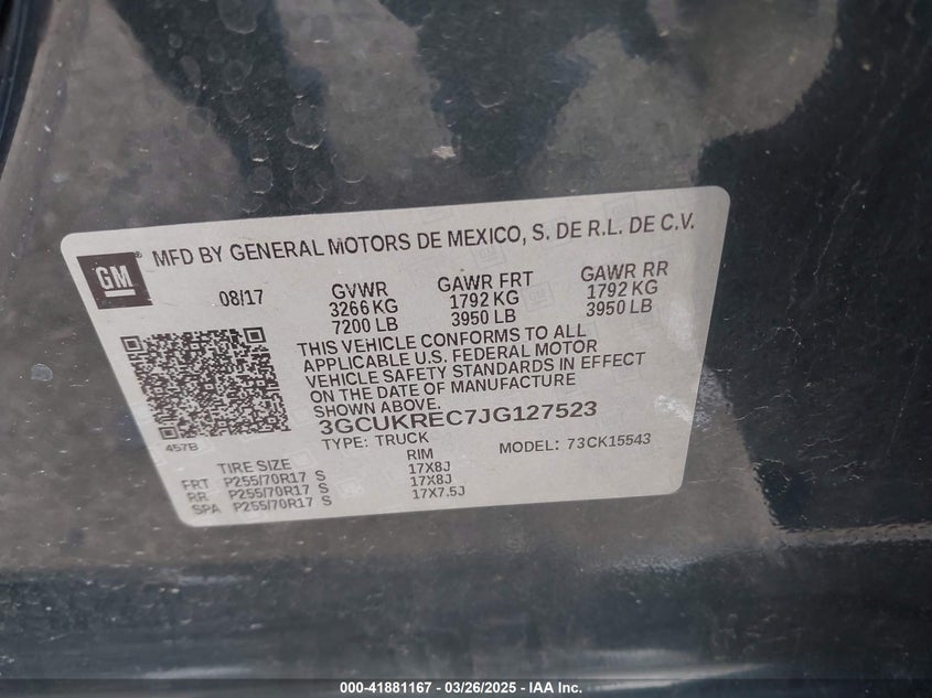 2018 CHEVROLET SILVERADO 1500 VIN: 3GCUKREC7JG127523