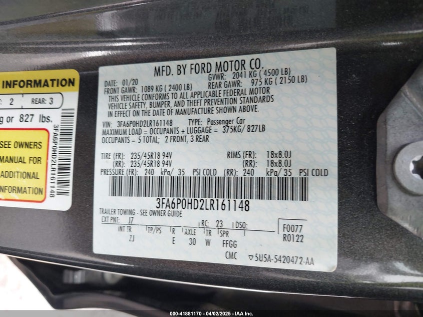 2020 FORD FUSION VIN: 3FA6P0HD2LR161148