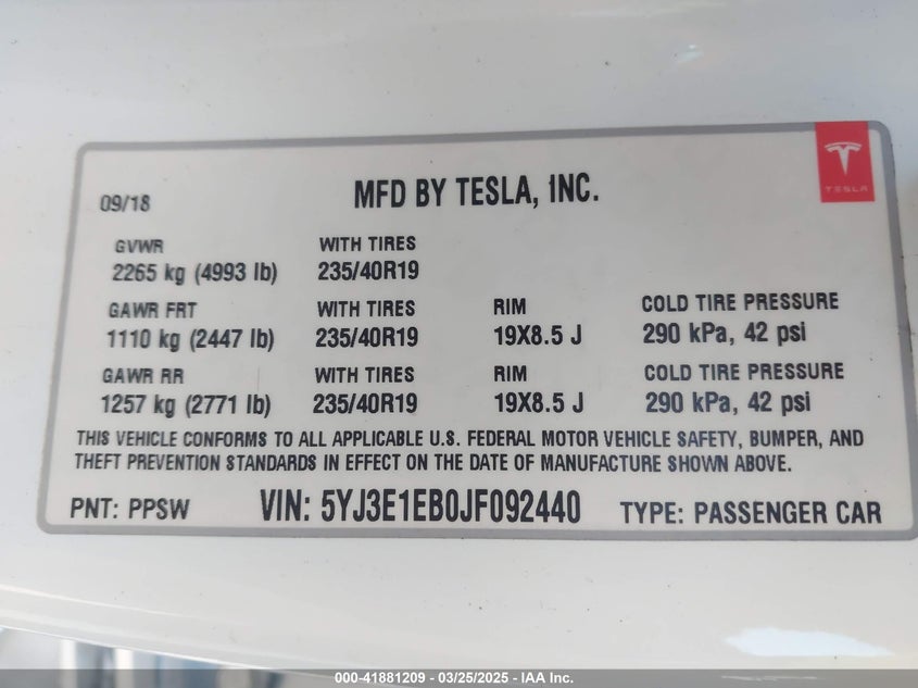 2018 TESLA MODEL 3 VIN: 5YJ3E1EB0JF092440