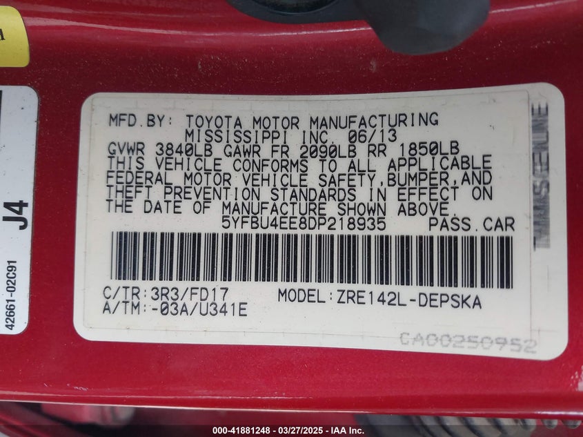 2013 TOYOTA COROLLA VIN: 5YFBU4EE8DP218935