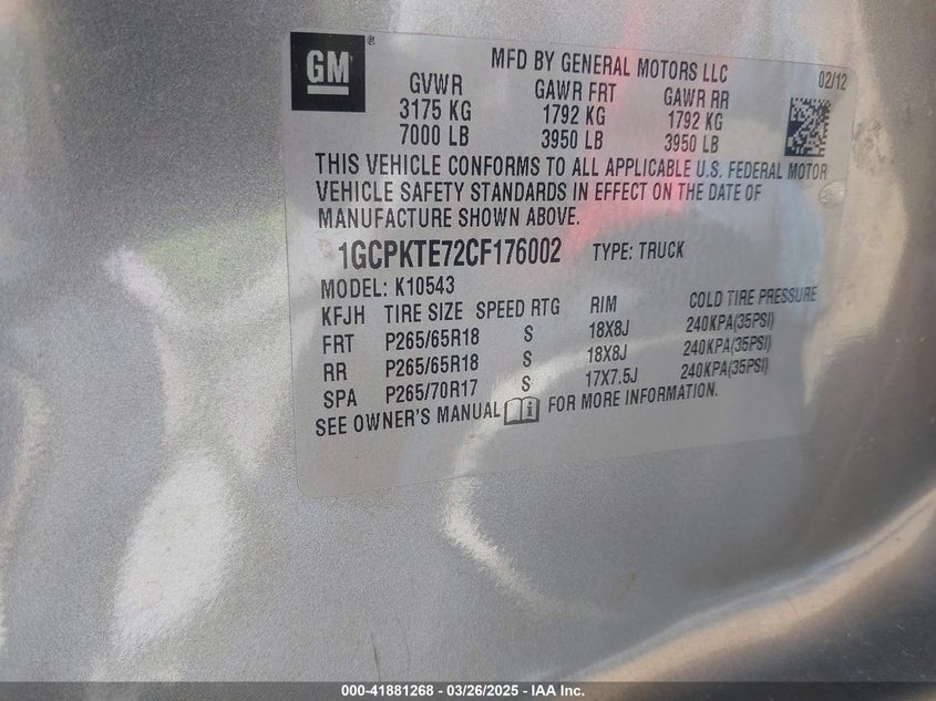 2012 CHEVROLET SILVERADO 1500 VIN: 1GCPKTE72CF176002
