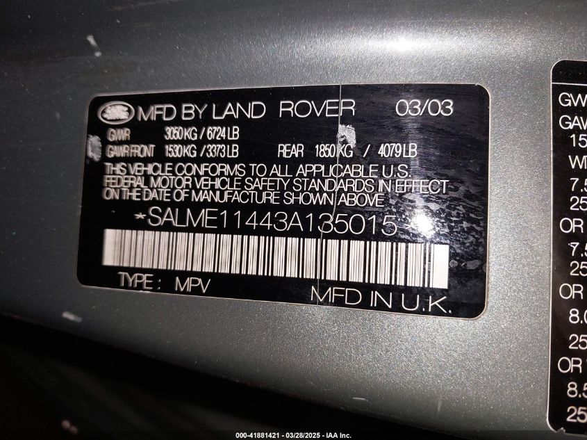 2003 Land Rover Range Rover Hse VIN: SALME11443A135015 Lot: 41881421