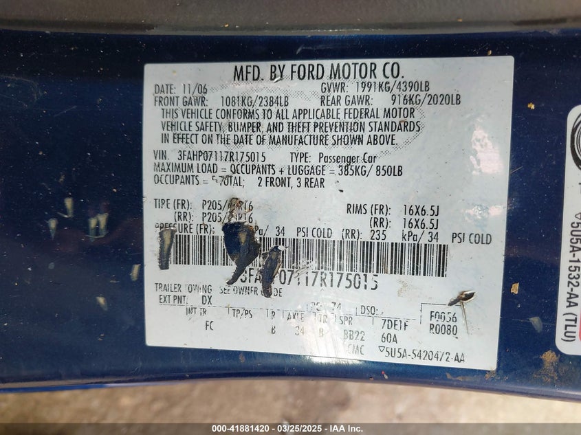 2007 FORD FUSION VIN: 3FAHP07117R175015