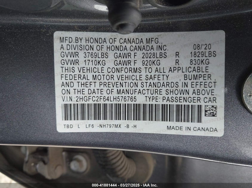 2020 HONDA CIVIC VIN: 2HGFC2F64LH576765