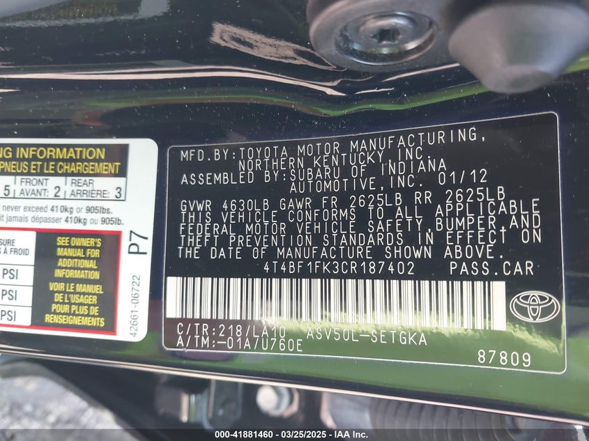 2012 TOYOTA CAMRY VIN: 4T4BF1FK3CR187402
