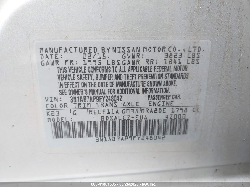 2015 NISSAN SENTRA VIN: 3N1AB7AP9FY248042