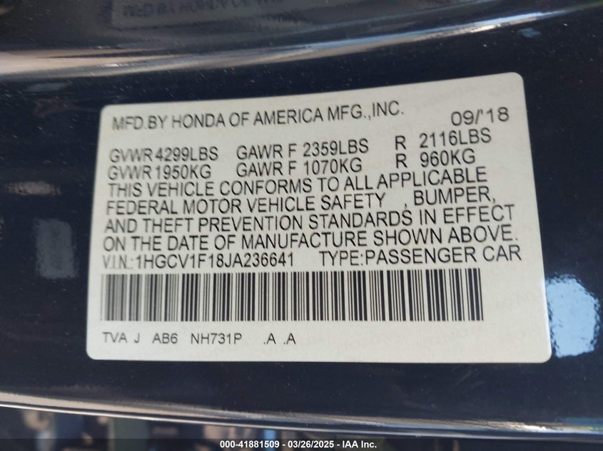 2018 HONDA ACCORD VIN: 1HGCV1F18JA236641