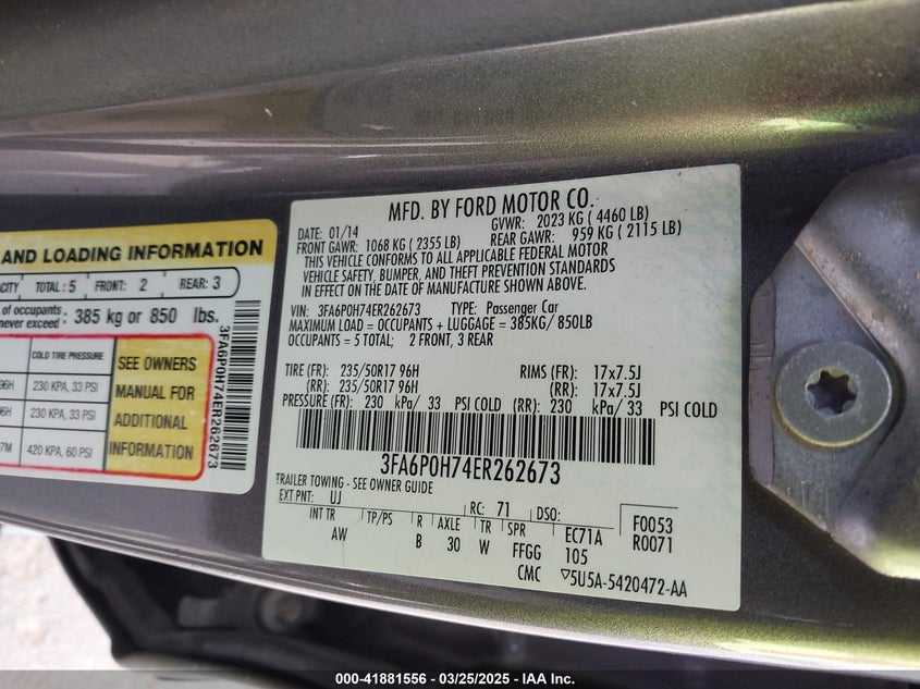 2014 FORD FUSION VIN: 3FA6P0H74ER262673