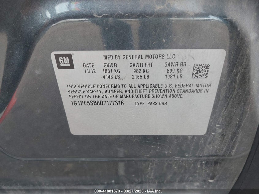 2013 CHEVROLET CRUZE VIN: 1G1PE5SB8D7177316
