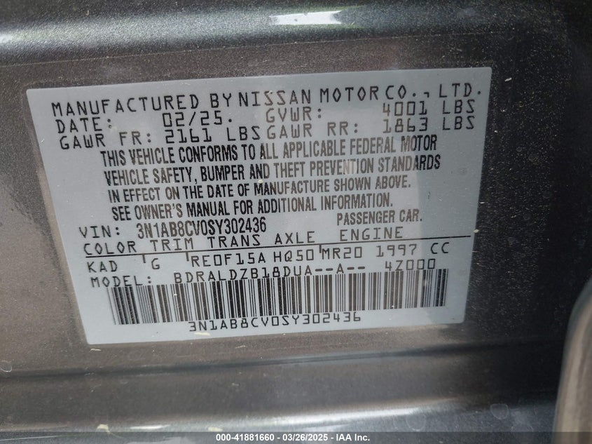 2025 NISSAN SENTRA VIN: 3N1AB8CV0SY302436