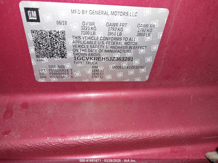 2018 CHEVROLET SILVERADO 1500 VIN: 1GCVKREH5JZ363281