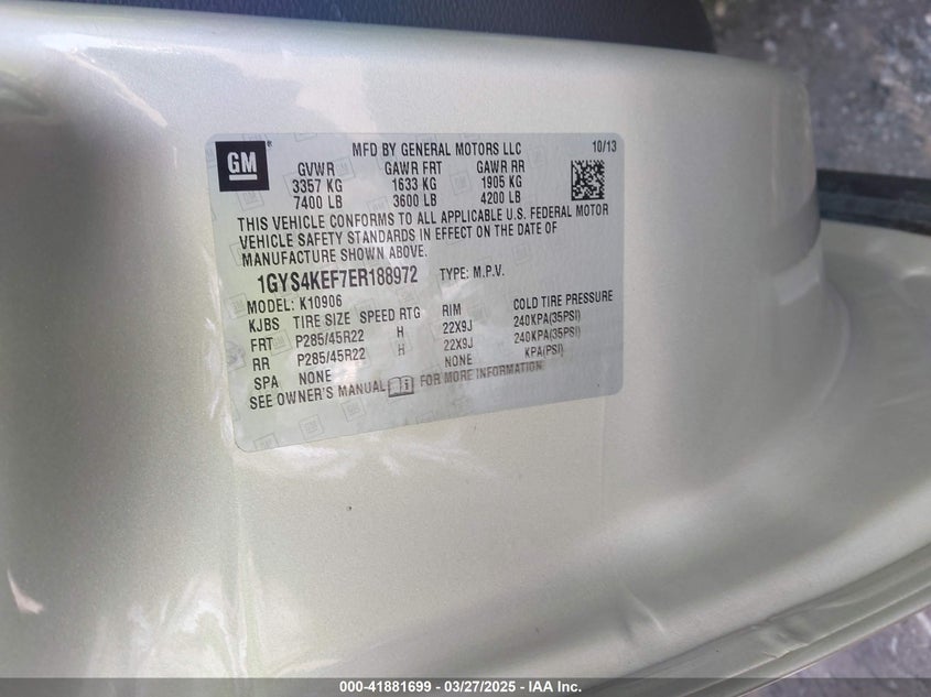 2014 CADILLAC ESCALADE VIN: 1GYS4KEF7ER188972