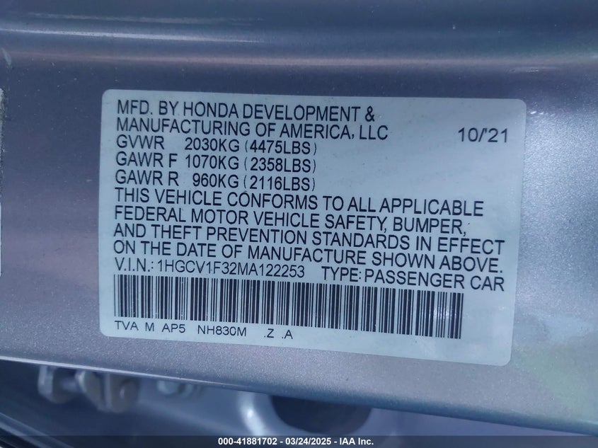 2021 HONDA ACCORD VIN: 1HGCV1F32MA122253