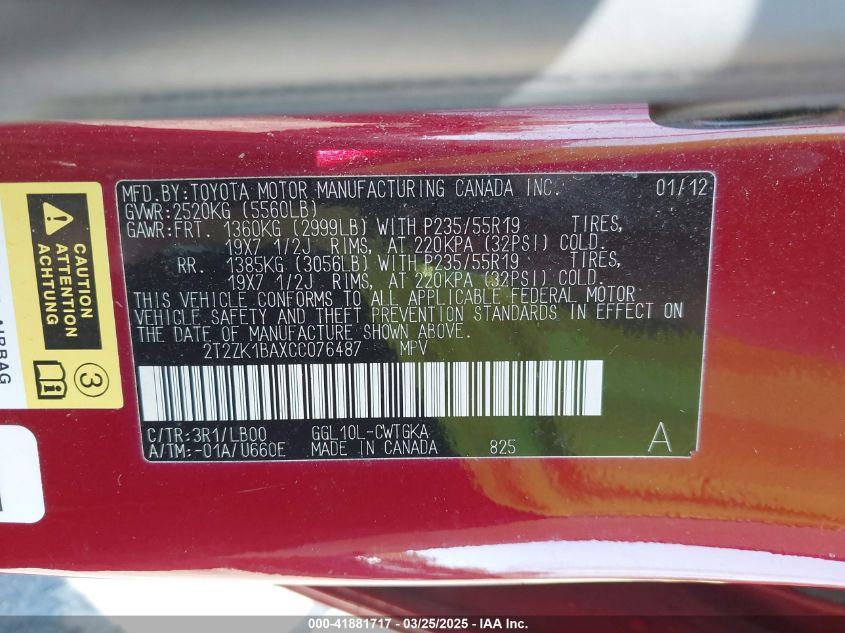 2012 Lexus Rx 350 VIN: 2T2ZK1BAXCC076487 Lot: 41881717