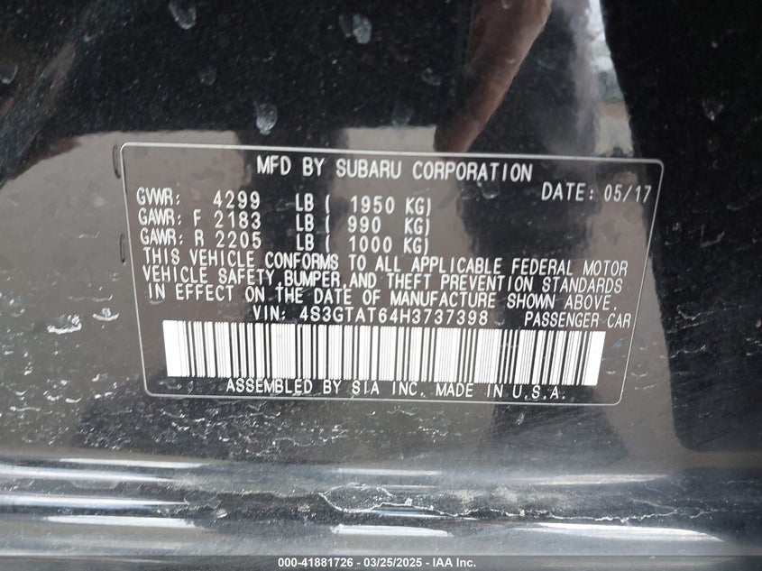 VIN 4S3GTAT64H3737398 2017 SUBARU IMPREZA 2.0I LIMITED
