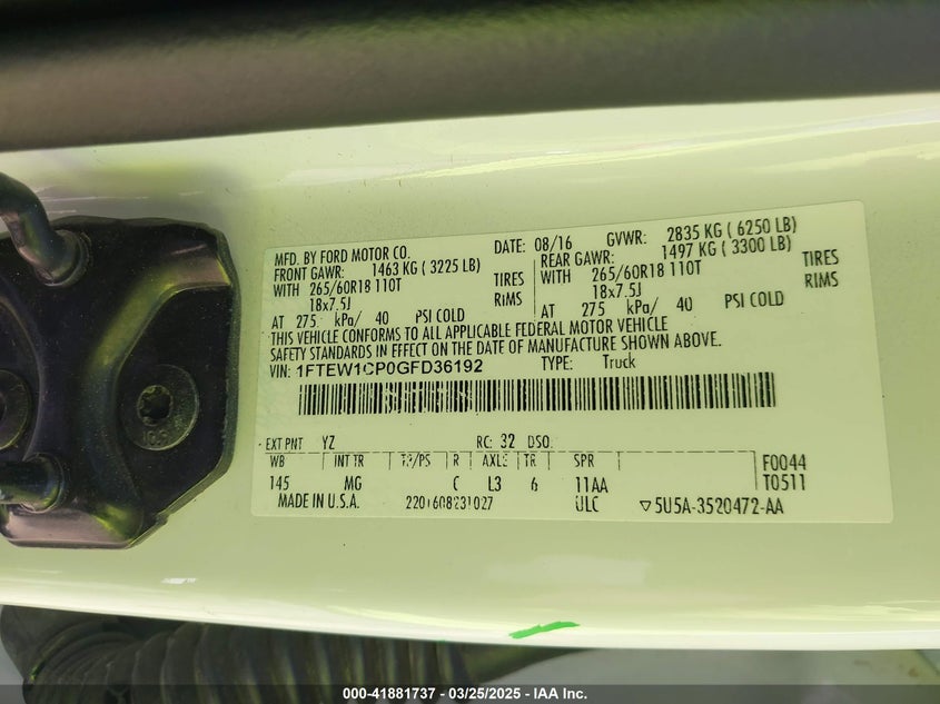 2016 FORD F-150 VIN: 1FTEW1CP0GFD36192
