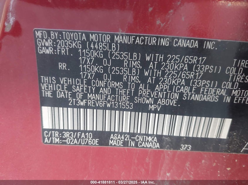 2015 TOYOTA RAV4 VIN: 2T3WFREV6FW131553
