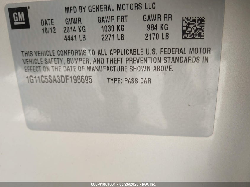 2013 CHEVROLET MALIBU VIN: 1G11C5SA3DF198695